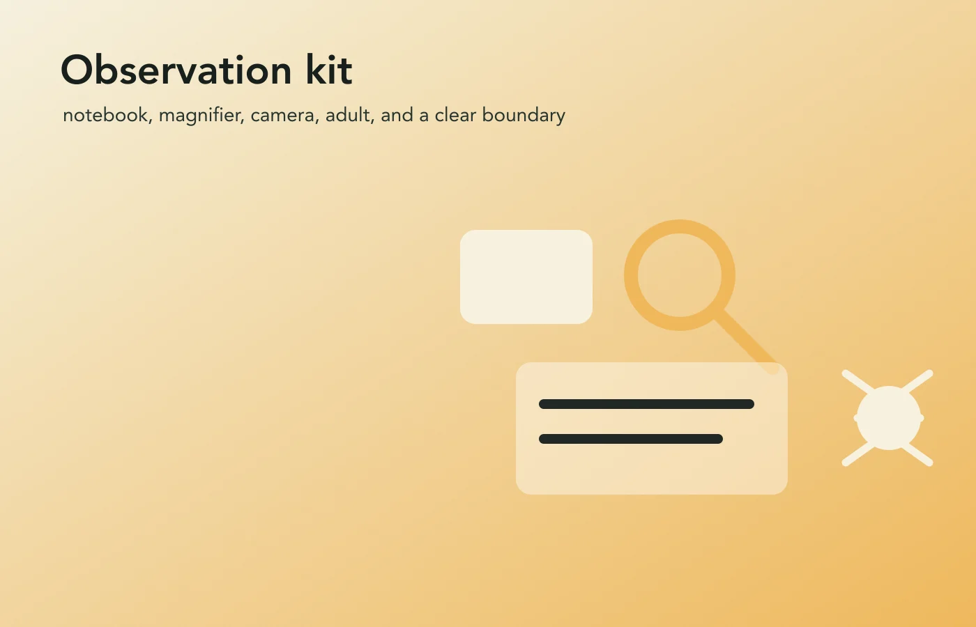 Illustrated bug observation kit with notebook magnifier camera and adult supervision cue.