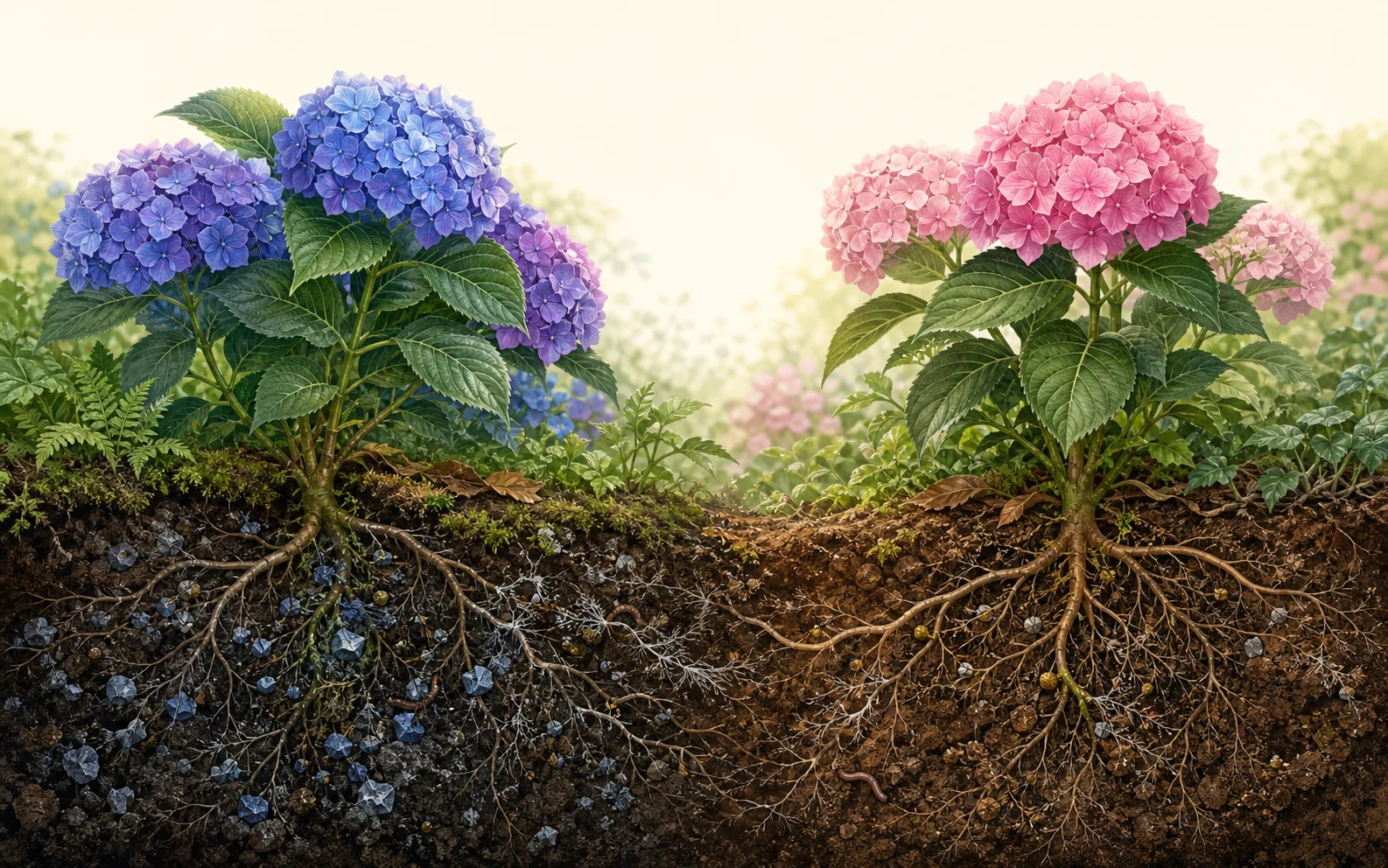 Generated illustration of blue and pink hydrangeas above a soil cross section with roots and mineral flecks.